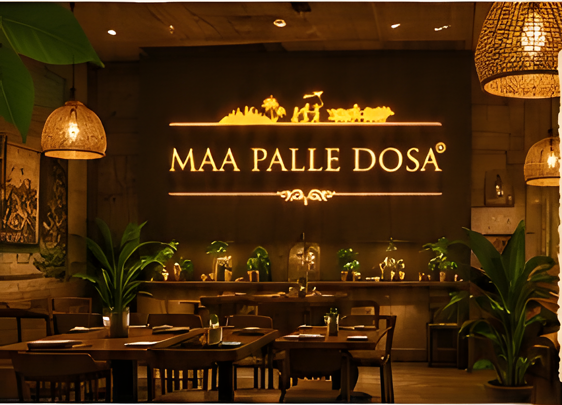 Warmly lit Maa Palle Dosa dining room with the glowing brand sign and woven lamps