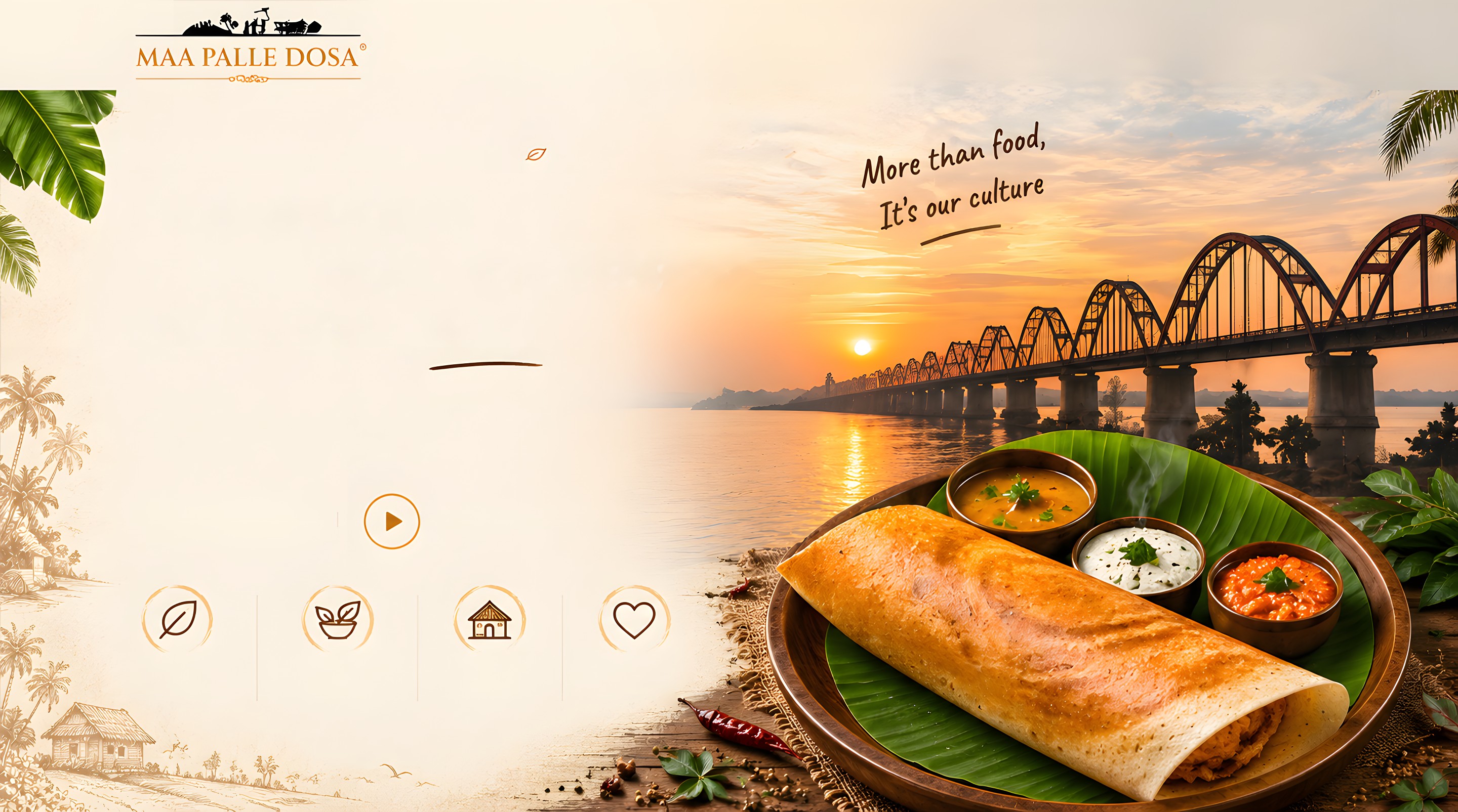 Crisp golden dosa with sambar and chutneys on a banana leaf, with the Godavari bridge at sunset
